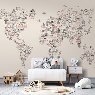 OEM Sfondo Fotografico - Mappa Di Icone - Una Rappresentazione A Fumetti Del Mondo In Colori Pastello