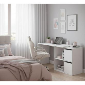 Dmora Escritorio Modular De Cuatro Estantes Bajos, Dos De Ellos Cerrados Por Dos Puertas Batientes Con Posibilidad De Montaje En Esquina, Color Blanco, 152 