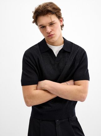 Djab Mens Pointelle stripe Johnny-collar polo