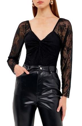endless rose Long Sleeve Floral Lace Bodysuit in Black at Nordstrom Rack, Size X-Small