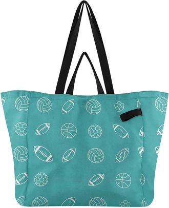 Generic Baseball Teal pattern Reusable Canvas Tote Bag, Heavy Duty Grocery Shopping Bag with Large Capacity Hard Bottom Double Handles Work Groceries Travel