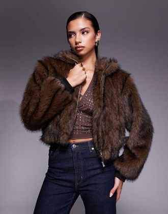 Liquor & Poker Giacca bomber corta marrone in pelliccia sintetica