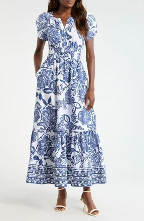 CeCe by Cynthia Steffe Floral Smocked Waist Maxi Dress in Classic Navy at Nordstrom, Size X-Large