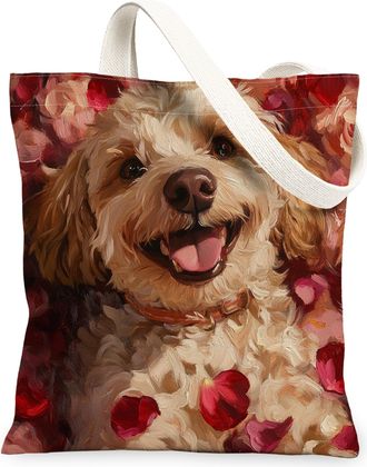 Generic Valentines Day Cavachon Dog Canvas Tote Bag for Shopping 13x15, Lover Rose Puppy Reusable Grocery Print Pattern Bag for Women, Pet Beach Aesthetic Pai