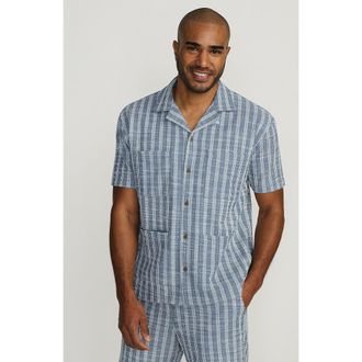 Lands End Short Sleeve Textured Jacquard Camp Collar Shirt - Set Top in Serene Blue Stripe at Nordstrom, Size Xx-Large