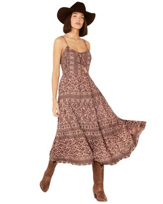 Angie Womens Overdye Tie Neck Strappy Back Tiered Skirt Maxi Dress Casual, Rosehip, Medium