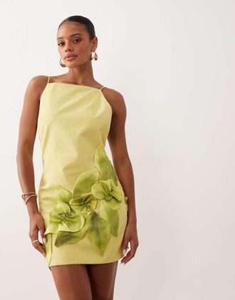 Asos Vestito corto con spalline sottili verde lime con foglie 3D ricamate