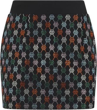Philipp Plein Mini Rok Multicolor Monogram Strass - Dames - Korte rokken - Zwart - 2XL - Wol - Rokken