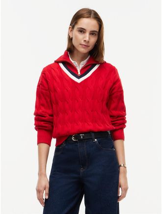 Tommy Hilfiger Womens Cable Knit Quarter-Zip Cricket Sweater - Red - XXS