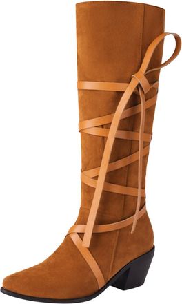 Generic Winter Women Mid Calf Boots Winter Fashion Pointed Toe Thick Heel Retro Bandage Decorative Comfortable Footwear (Yellow, 6. 5)