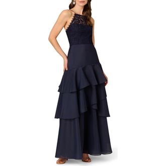 Aidan Mattox Lace Organza Tiered Gown in Navy at Nordstrom, Size 10