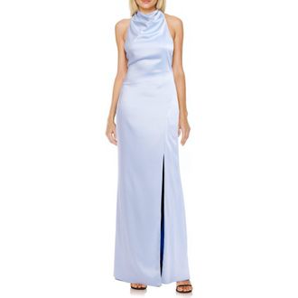 Badgley Mischka Faux Pearl Halter Gown in Sky at Nordstrom, Size 16