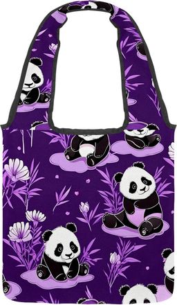 Generic Cute Panda on Purple Reversible Canvas Shoulder Tote - Double-Sided Print, 12oz Cotton, 27cm Drop, Fold-Flat Bag for Travel, Shopping, Street Outings