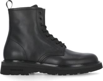 Woolrich Zwarte leren laarzen met logo op de tong - Heren - Veterlaarzen - Zwart - 41 EU - Leer - Schoenen