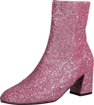 Generic Winter Ladies Large Size Round Toe Sequin Glitter Casual Chunky Heel Low Ankle Short Boots Comfortable Footwear for Women (Red, 6. 5)