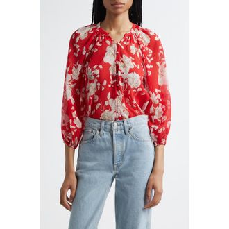 L'agence Teagan Puff Sleeve Top in Red/Ivory Ikebana at Nordstrom Rack, Size X-Small