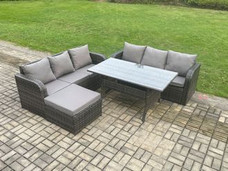 Fimous Rattan Garden Furniture Set with Oblong Dining Table Big Footstool 4 Pieces Outdoor Lounge Sofa Set Dark Grey Mixed