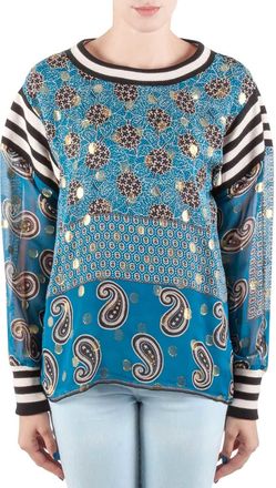 Anna Sui Teal Blue Bouquet Scarf Print Silk Ribbed Trim Tunic Top
