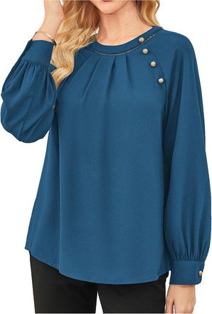 Grace Karin Ladies Tops Elegant Business Long Sleeve Tops for Women UK with Buttons Basic Shirt Tank Top Peacock Blue L
