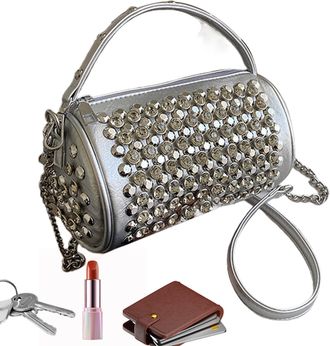 Generic Rivet Shoulder Bag - Punk Square Shoulder Bag 2024 | Square Cylinder Shoulder Bag, Fashion Studded Rock Tote Bags for Women and Girls, silver, riferim
