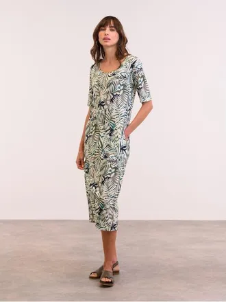 Celtic & Co. Linen Blend Button Back Midi Dress in Oatmeal Palm at Nordstrom, Size 4