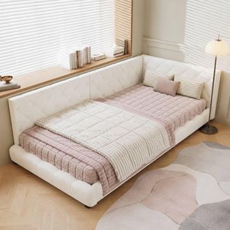 Merax 3ft Single Beige Boucle Upholstered L-Shaped Corner Daybed Frame