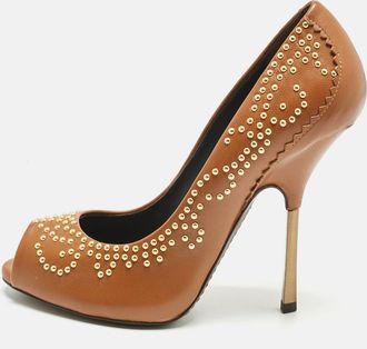 Giuseppe Zanotti Brown Leather Studded Peep Toe Pumps