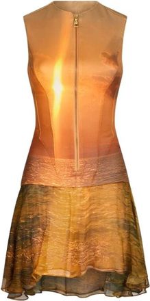 Roberto Cavalli Kleedjes, Dames, Oranje, S, Zonsondergang Print Wijd Kort Jurkje