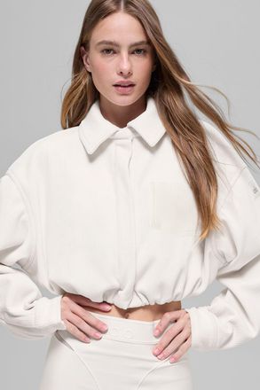 Alo | Ribbed Velour Cropped Mountain Side Jacket in Ivory White, Size: Medium