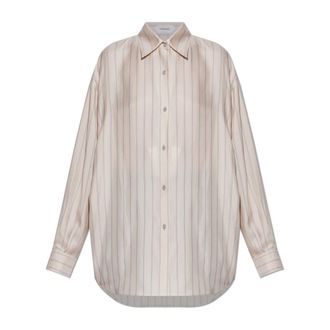 Versace Shirts, female, Beige, Size: 2XS Striped Silk Twill Shirt