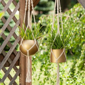 Foreside Home And Garden 4.75 Macrame Rope Gold Metal Hanging Planter Cylinder Pot Indoor Hanging Planter at Nordstrom