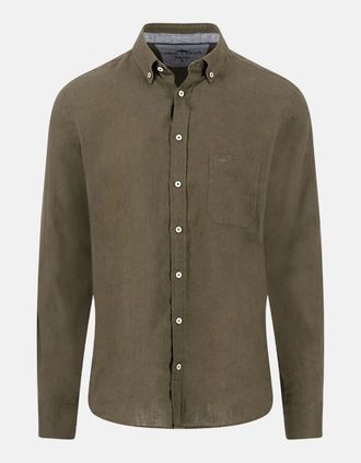 Fynch-Hatton Mens Pure Linen Button Down Shirt Dark Khaki - Cream - Size: 44/Regular