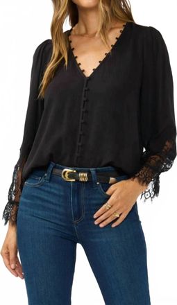 Lovestitch Lace Cuff V-Neck Button Blouse In Black