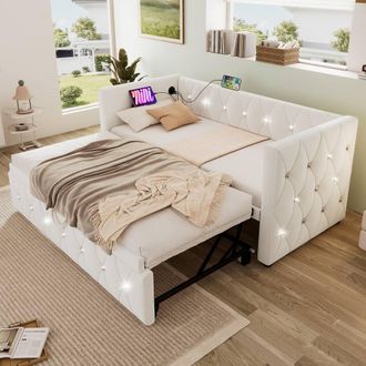 Merax 3ft Single Velvet Upholstered Bed Daybed with Trundle & Charging in Beige