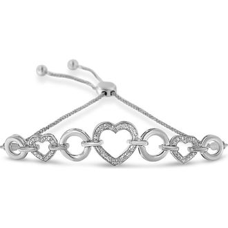 House of Brilliance Silver 1/10 Cttw Round-Cut Diamond Heart-Link Bolo Bracelet in White at Nordstrom
