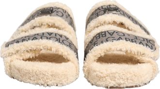Dolce & Gabbana Mens Beige Faux Fur Logo Print Flats Sandals Shoes