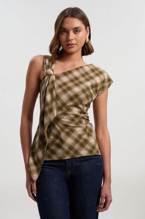 Karen Millen Womens Tailored Check Trim Detail Sleeveless Top - Green - Size 14 UK