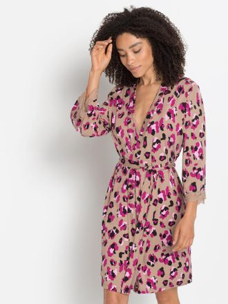 Lascana Kimono LASCANA, Damen, Gr. 36/38, pink (pink, beiger leoprint), Viskose, Midil&auml;nge, Hausm&auml;ntel Kimono, mit sch&ouml;nen Spitzendetails