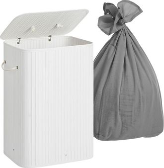 Relaxdays Relaxdays laundry basket with lid, 2 compartments, bamboo, 105l, foldable, HxWxD: 63 x 52 x 32 cm, laundry sorter, white