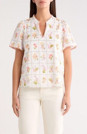 Sugarlips Diane Hilda Floral Split Neck Cotton Top in Coral Multi at Nordstrom, Size X-Large