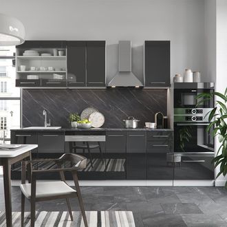 Vicco Mueble De Cocina Fame-line, Antracita Brillo Intenso/blanco, 300 Cm Con Armario Alto, Et Antracita