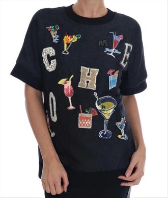Dolce & Gabbana Zwarte Brokaat Kristal Cocktail Trui - Dames - T-shirts - Zwart - XS - Katoen - Tops