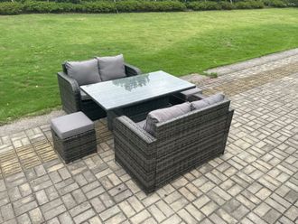 Fimous Outdoor Rattan Furniture Garden Dining Set Height Adjustable Rising lifting Table Love Sofa Set With 2 Small Footstools in Dark Grey
