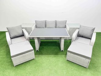 Fimous Outdoor Rattan Garden Furniture Dining Set 7-seater with 2 Side Tables in Light Grey