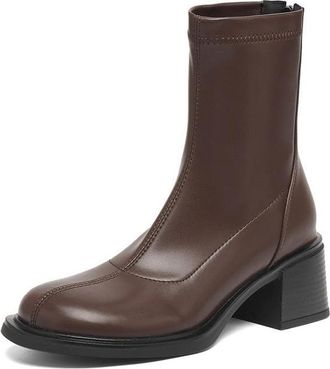 Generic Womens Round Toe Ankle Boots With Back Zipper Chunky Block Heels Comfortable Non-Slip Durable PU Leather For Daily Street Office Fall Winter Wear,Brow