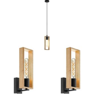 Loops Ceiling Pendant Light & 2x Matching Wall Lights Black & Wood Box Modern Shade