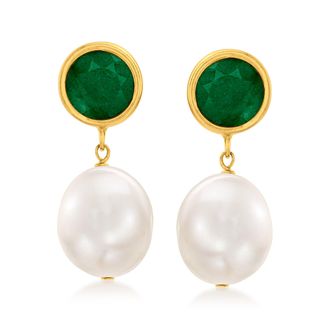 Ross-Simons 9.5-10mm Cultured Pearl and Emerald Drop Earrings in 14kt Yellow Gold