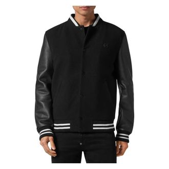 Philipp Plein Jassen, Heren, Zwart, L, Leer, College Bomber met Hertenleren Mouwen Skull Strass