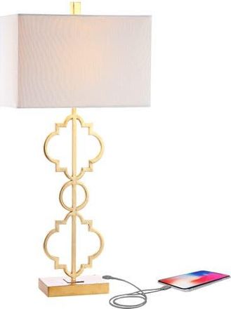 Jonathan Y Designs Selina Iron Ogee Trellis Modern LED USB Table Lamp in Gold Leaf at Nordstrom