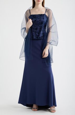 Eliza J Mixed Media Floral Embroidery Gown in Navy at Nordstrom, Size 10